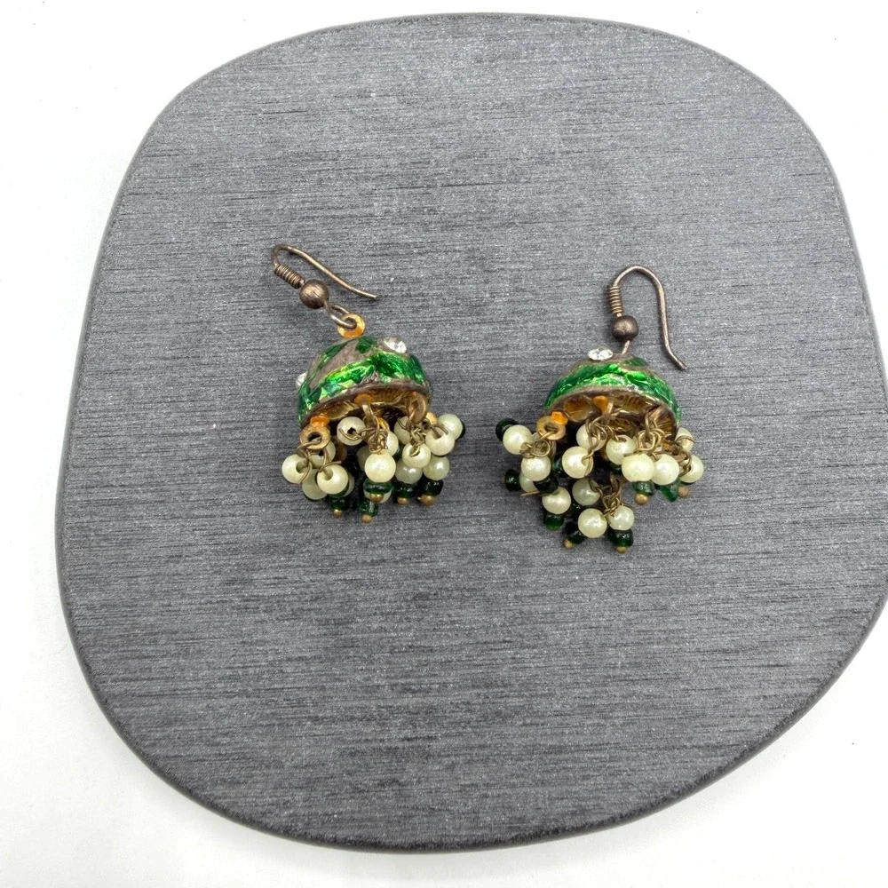 Green Enamel Rhinestone Beaded Dangle Earrings Boho Cluster Drop Pierced Hooks